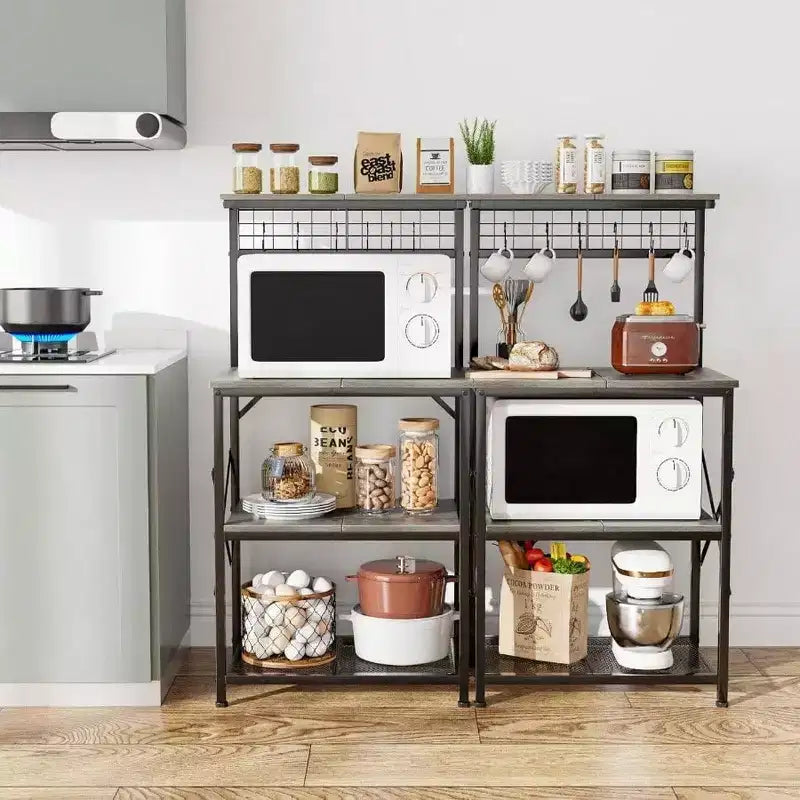 Étagère de cuisine pour boulanger, support pour micro-ondes, station de café à 4 niveaux avec 6 crochets en S, tableau perforé, étagères de rangement noires en chêne pour épices