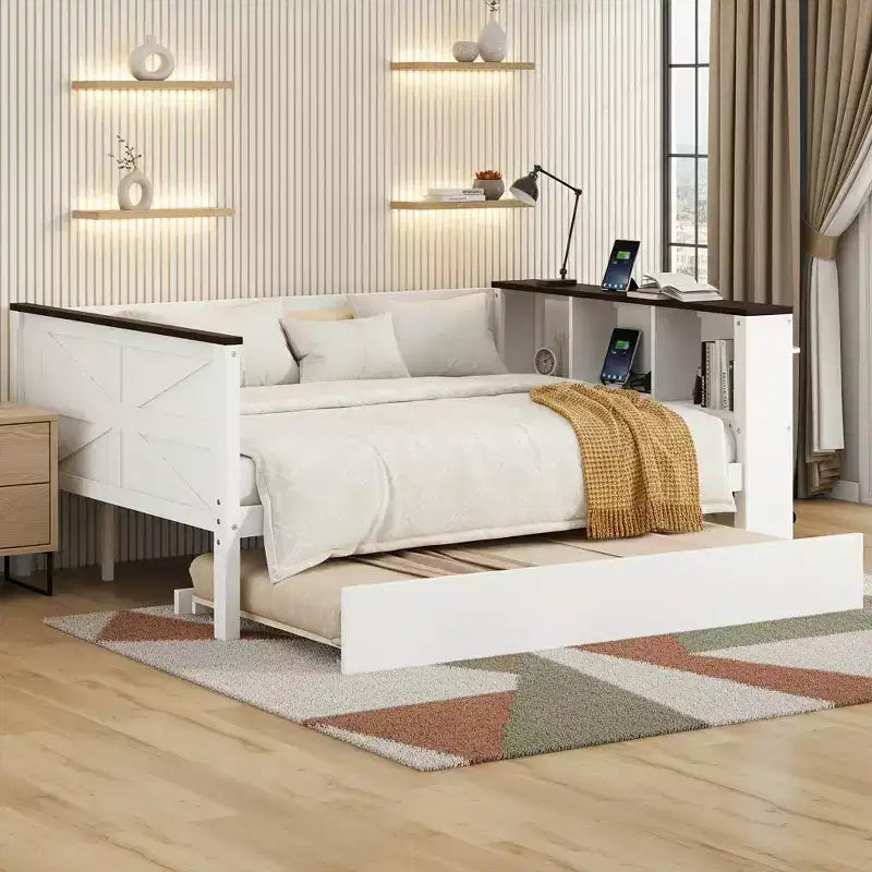 Polibi Modern Utility Daybed with Charging Station, Upholstered Backrest & Trundle