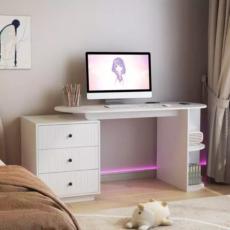 GDFStudio Eamon Modern Computer Desk with Drawers, Open Shelves, AC Power Sockets and USB Charging Ports