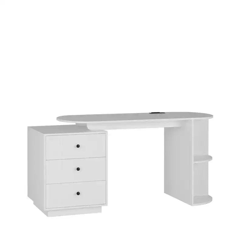 Bureau d'ordinateur moderne avec tiroirs, étagères ouvertes, prises CA et ports de charge USB