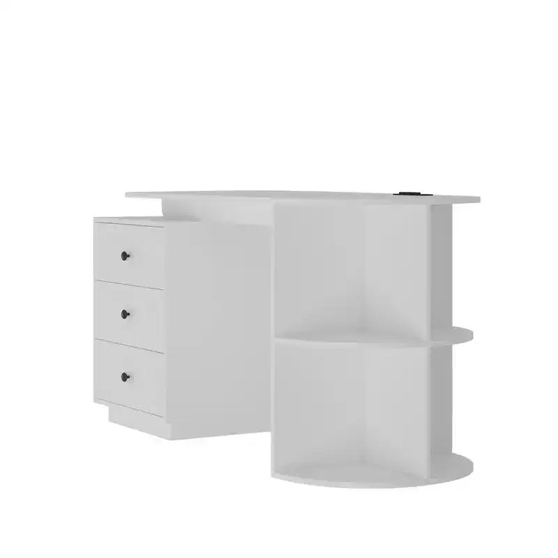 Bureau d'ordinateur moderne avec tiroirs, étagères ouvertes, prises CA et ports de charge USB