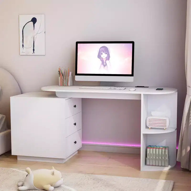 Bureau d'ordinateur moderne avec tiroirs, étagères ouvertes, prises CA et ports de charge USB