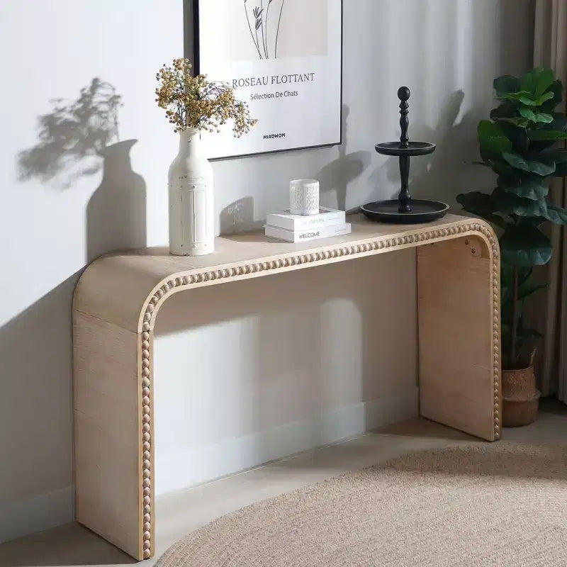 Console Waterfall de 59 pouces avec Bordure Perlée, Table d'entrée Longue et Courbe Style Bohème Ferme pour Salon, Foyer