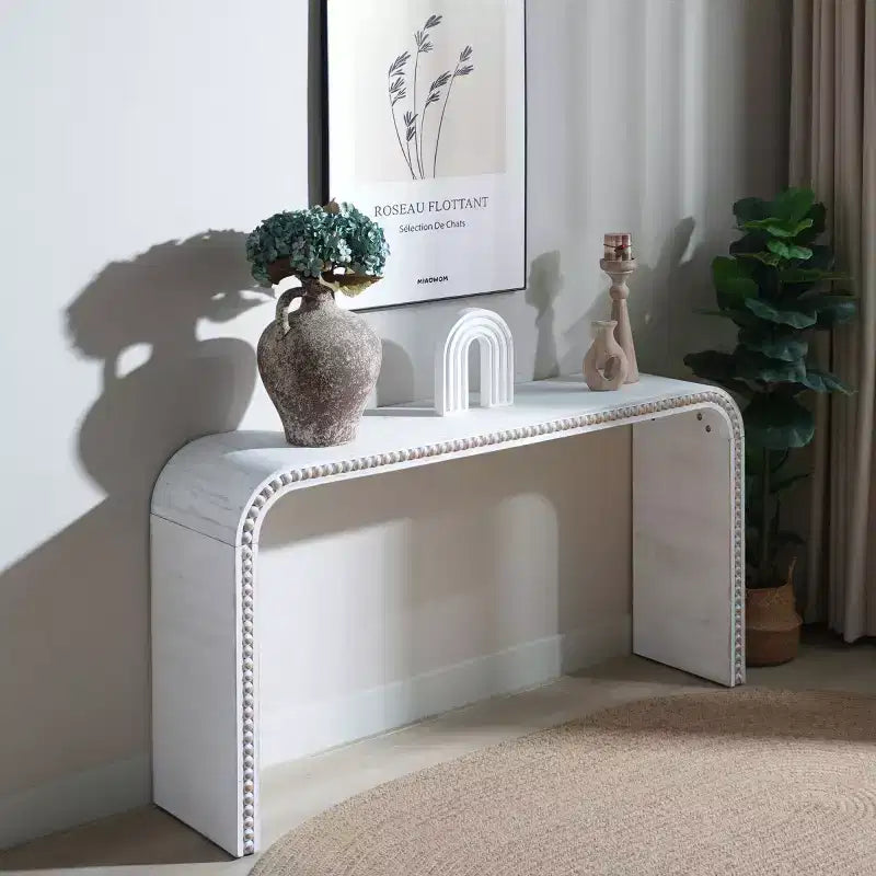 Console Waterfall de 59 pouces avec Bordure Perlée, Table d'entrée Longue et Courbe Style Bohème Ferme pour Salon, Foyer