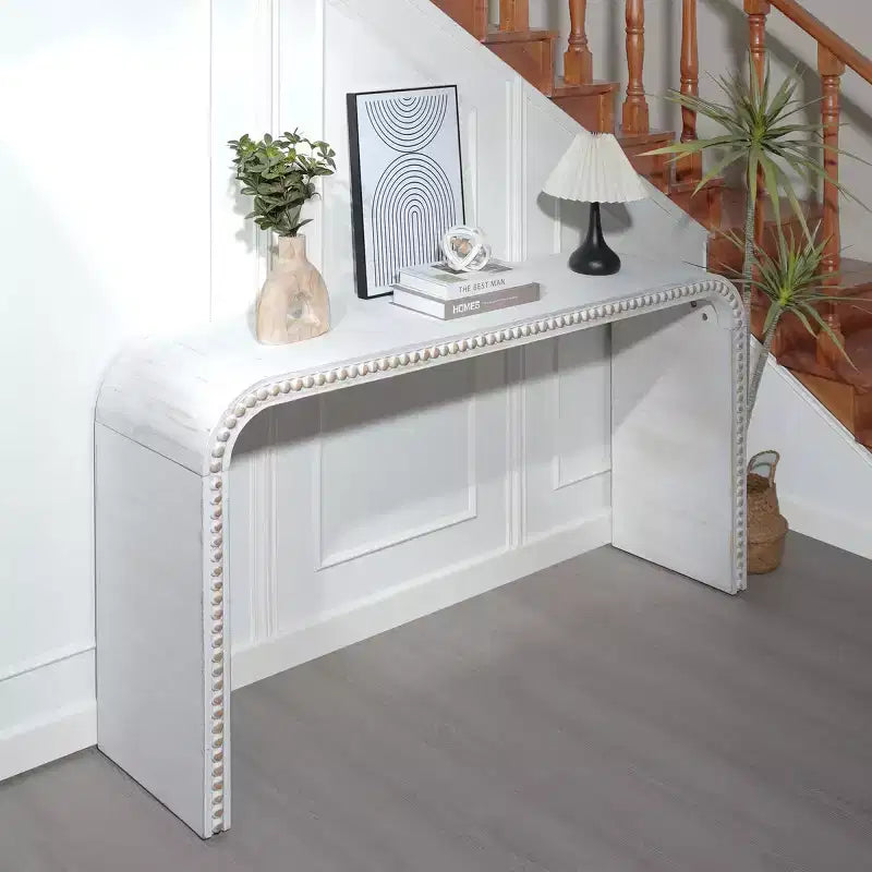 Console Waterfall de 59 pouces avec Bordure Perlée, Table d'entrée Longue et Courbe Style Bohème Ferme pour Salon, Foyer