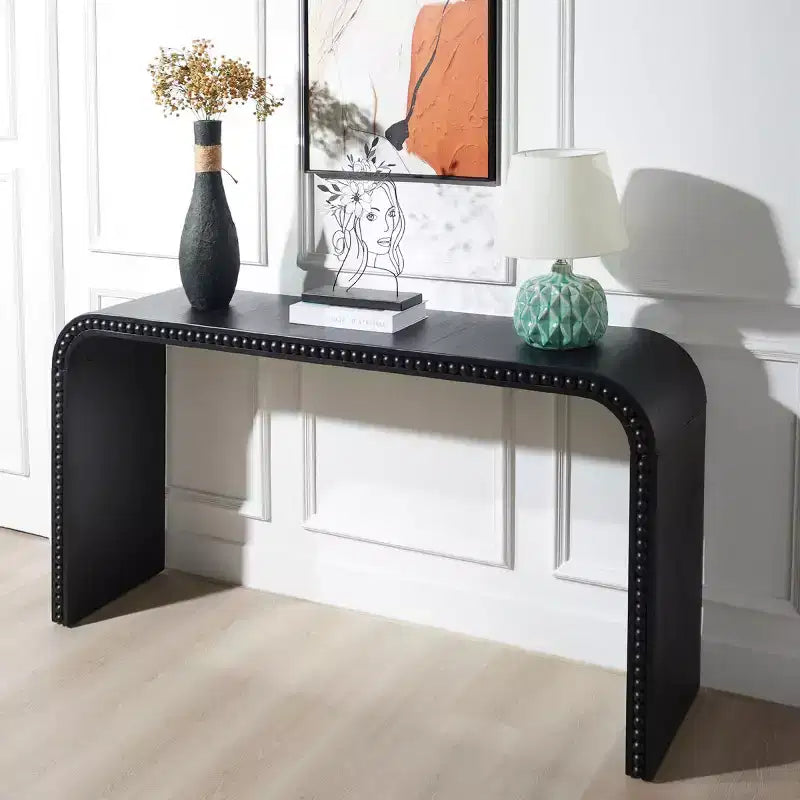Console Waterfall de 59 pouces avec Bordure Perlée, Table d'entrée Longue et Courbe Style Bohème Ferme pour Salon, Foyer