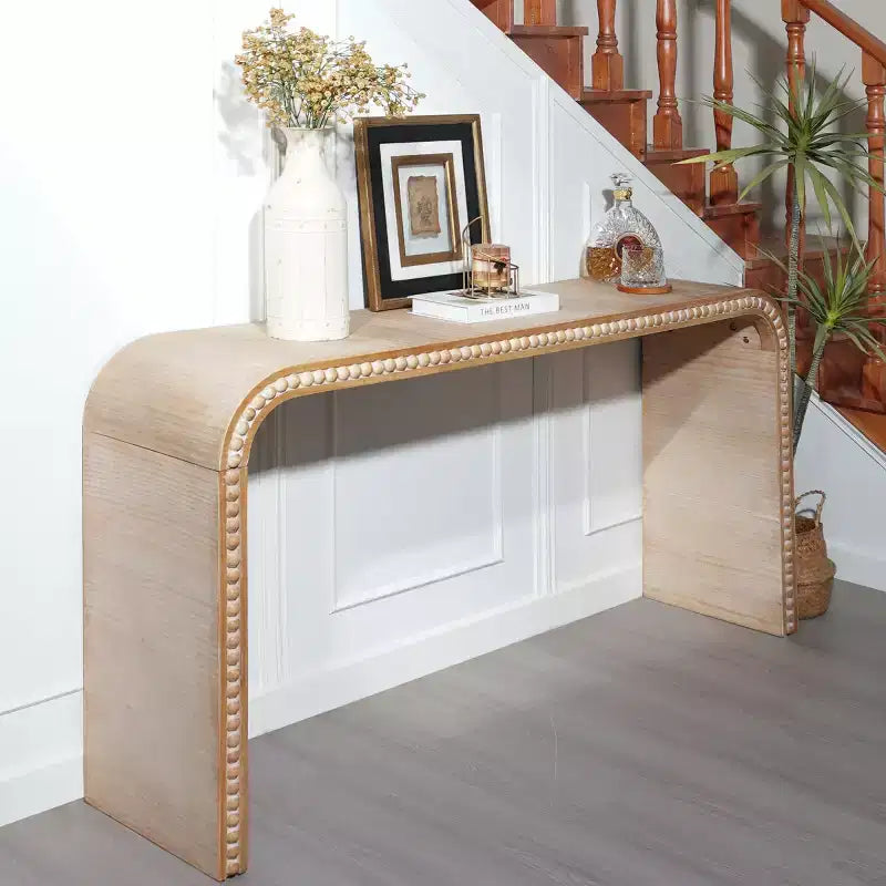 Console Waterfall de 59 pouces avec Bordure Perlée, Table d'entrée Longue et Courbe Style Bohème Ferme pour Salon, Foyer