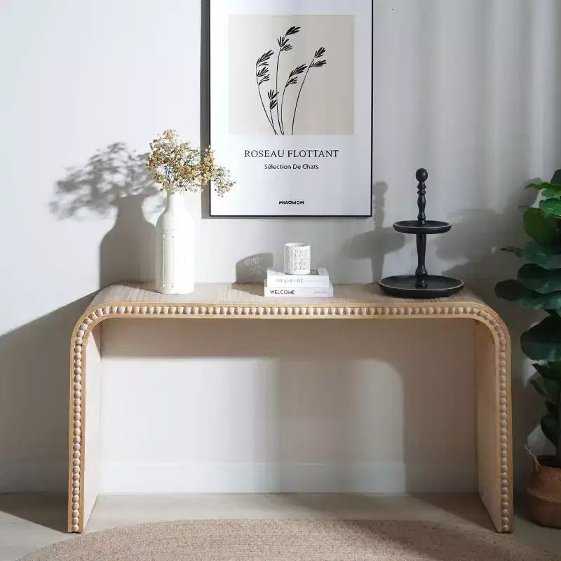 Console Waterfall de 59 pouces avec Bordure Perlée, Table d'entrée Longue et Courbe Style Bohème Ferme pour Salon, Foyer