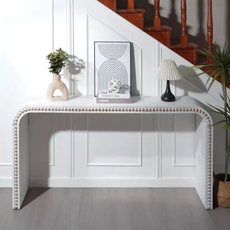 Console Waterfall de 59 pouces avec Bordure Perlée, Table d'entrée Longue et Courbe Style Bohème Ferme pour Salon, Foyer