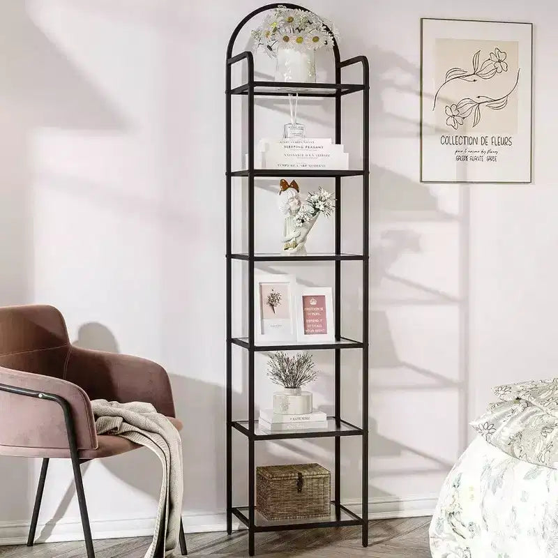 Tempered Glass Bookshelf, Slim Steel Frame 6 Tier Black Bookcase for Bedroom Bathroom Home Office Strong Sturdy Storage Shelf