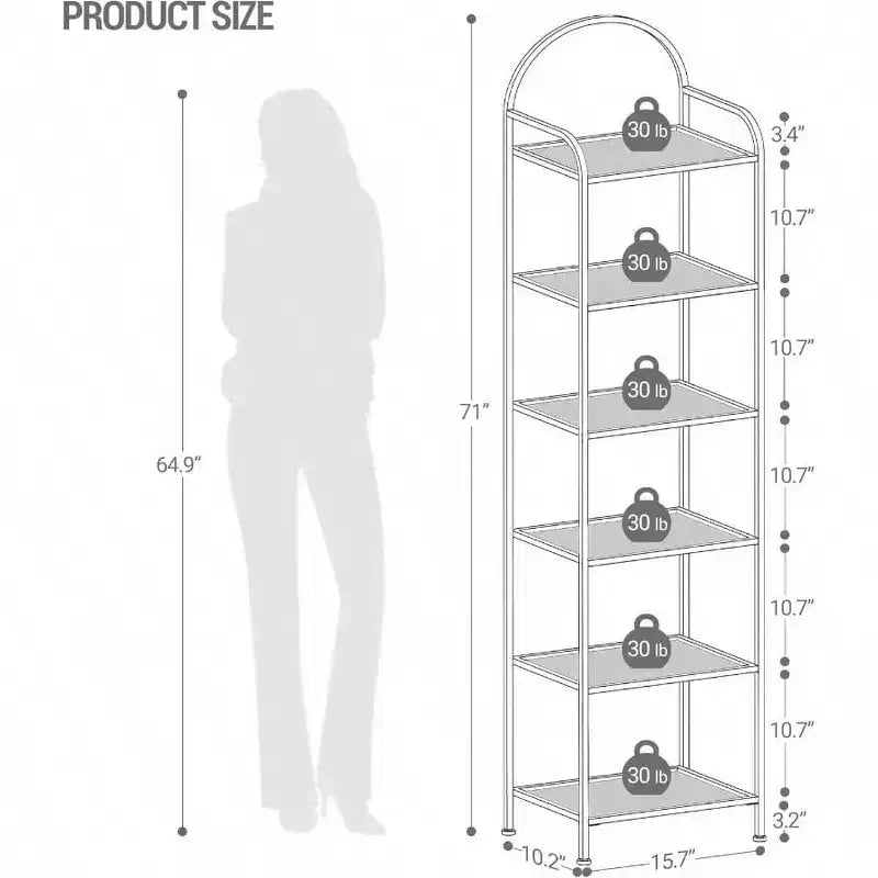 Étagère en verre trempé, bibliothèque 6 niveaux à cadre fin en acier noir pour chambre, salle de bain, bureau, étagère de rangement solide et robuste