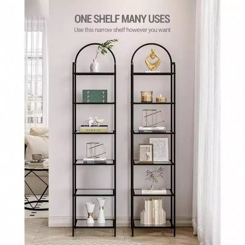Étagère en verre trempé, bibliothèque 6 niveaux à cadre fin en acier noir pour chambre, salle de bain, bureau, étagère de rangement solide et robuste