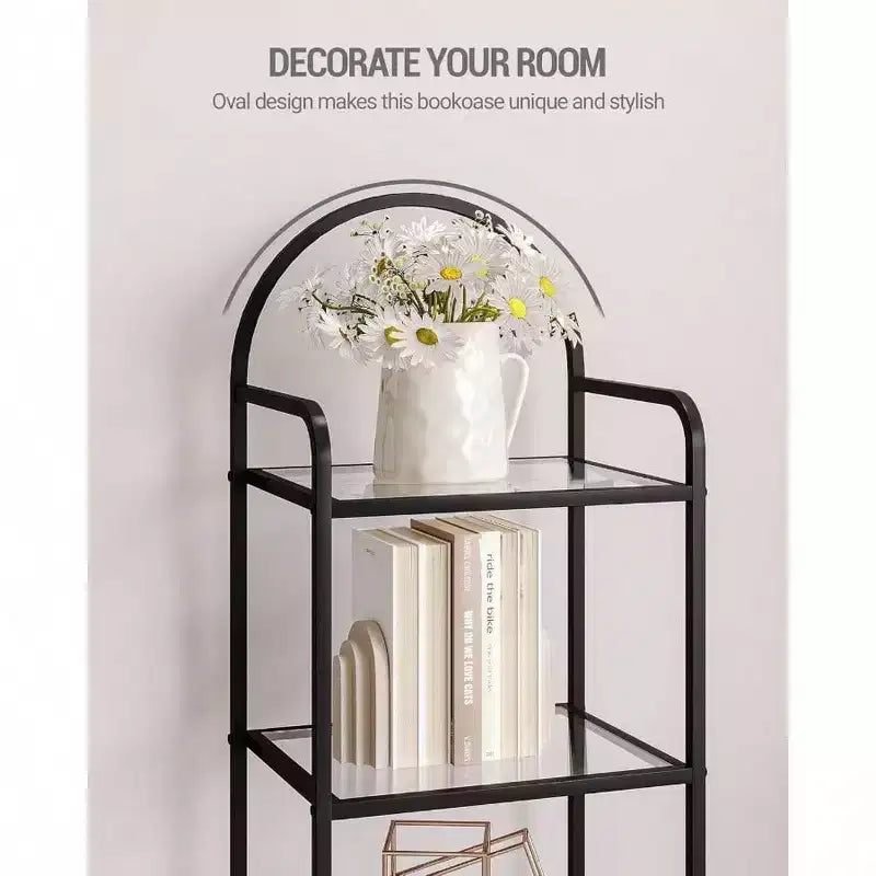 Étagère en verre trempé, bibliothèque 6 niveaux à cadre fin en acier noir pour chambre, salle de bain, bureau, étagère de rangement solide et robuste