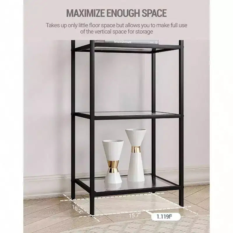 Étagère en verre trempé, bibliothèque 6 niveaux à cadre fin en acier noir pour chambre, salle de bain, bureau, étagère de rangement solide et robuste