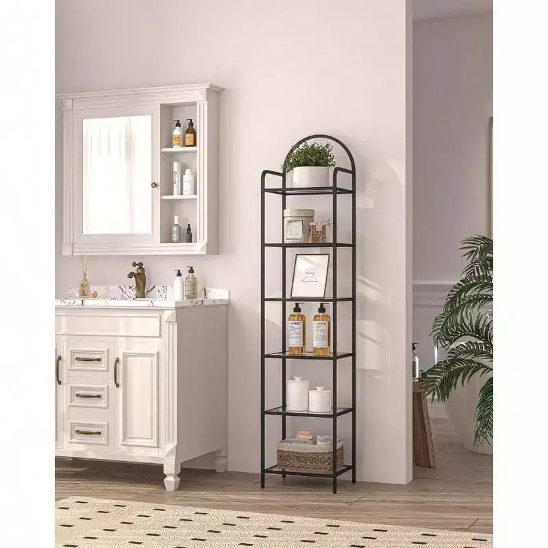 Étagère en verre trempé, bibliothèque 6 niveaux à cadre fin en acier noir pour chambre, salle de bain, bureau, étagère de rangement solide et robuste