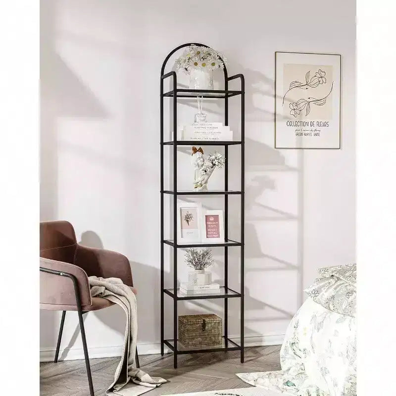 Étagère en verre trempé, bibliothèque 6 niveaux à cadre fin en acier noir pour chambre, salle de bain, bureau, étagère de rangement solide et robuste