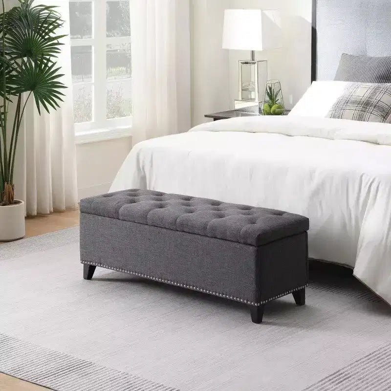 Banc de rangement ottoman de 47,5 po, banc de bout de lit en tissu teddy capitonné avec charnière de sécurité, ottoman pour salon, entrée, capacité de 227 kg
