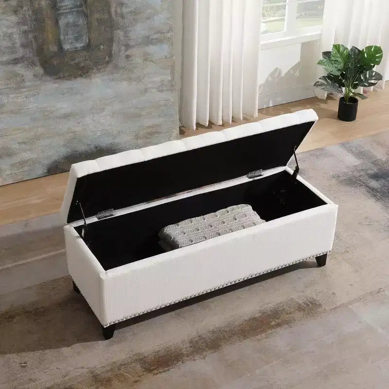 Banc de rangement ottoman de 47,5 po, banc de bout de lit en tissu teddy capitonné avec charnière de sécurité, ottoman pour salon, entrée, capacité de 227 kg