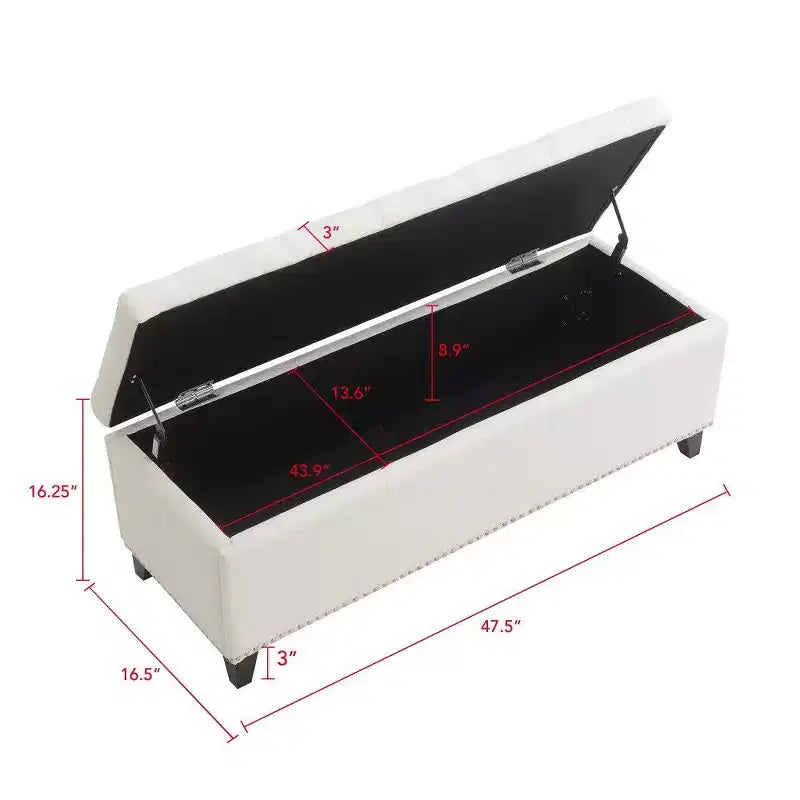 Banc de rangement ottoman de 47,5 po, banc de bout de lit en tissu teddy capitonné avec charnière de sécurité, ottoman pour salon, entrée, capacité de 227 kg