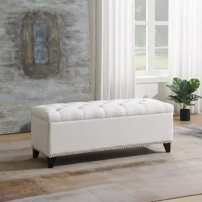 Banc de rangement ottoman de 47,5 po, banc de bout de lit en tissu teddy capitonné avec charnière de sécurité, ottoman pour salon, entrée, capacité de 227 kg