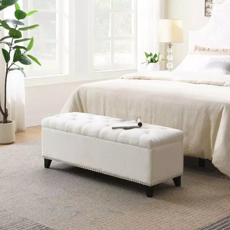 Banc de rangement ottoman de 47,5 po, banc de bout de lit en tissu teddy capitonné avec charnière de sécurité, ottoman pour salon, entrée, capacité de 227 kg