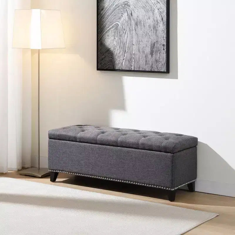 Banc de rangement ottoman de 47,5 po, banc de bout de lit en tissu teddy capitonné avec charnière de sécurité, ottoman pour salon, entrée, capacité de 227 kg