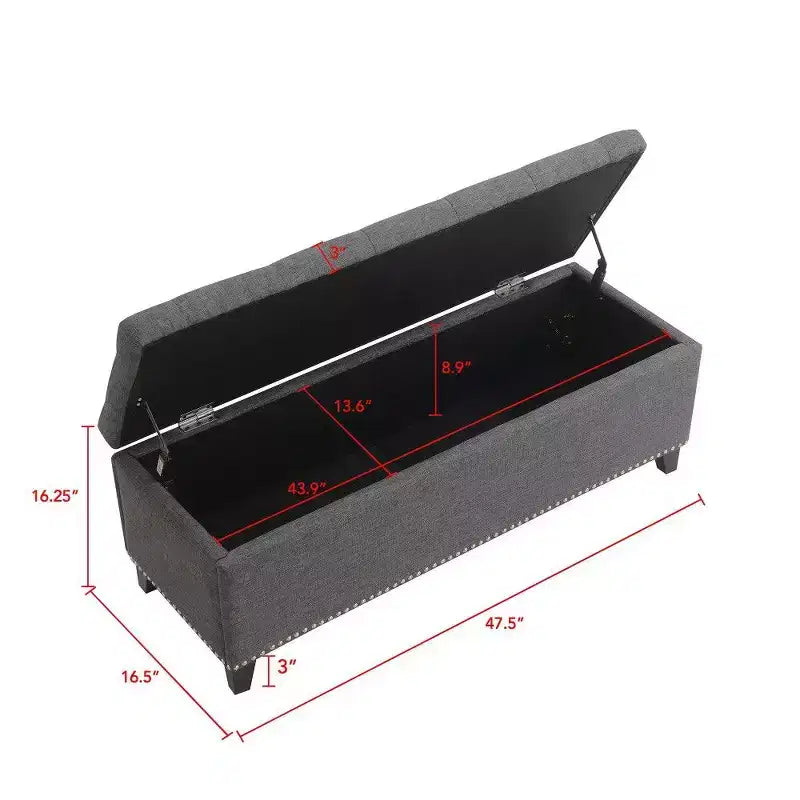 Banc de rangement ottoman de 47,5 po, banc de bout de lit en tissu teddy capitonné avec charnière de sécurité, ottoman pour salon, entrée, capacité de 227 kg