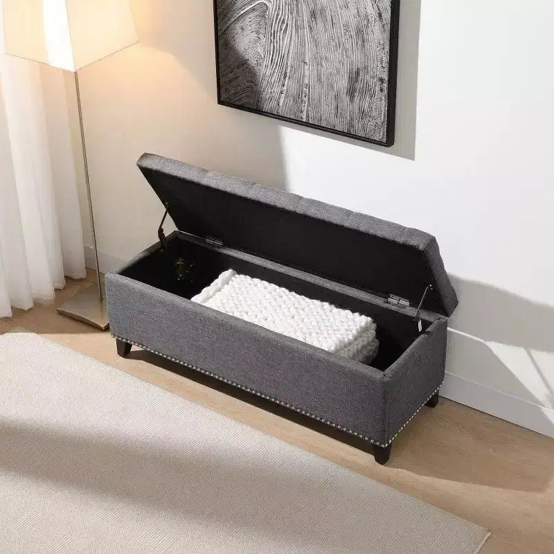 Banc de rangement ottoman de 47,5 po, banc de bout de lit en tissu teddy capitonné avec charnière de sécurité, ottoman pour salon, entrée, capacité de 227 kg