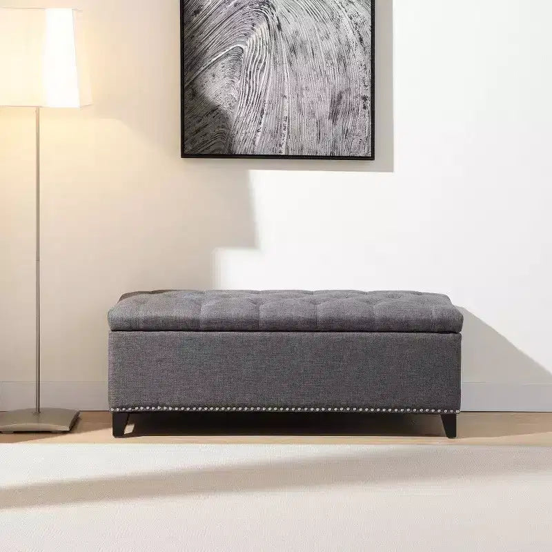 Banc de rangement ottoman de 47,5 po, banc de bout de lit en tissu teddy capitonné avec charnière de sécurité, ottoman pour salon, entrée, capacité de 227 kg