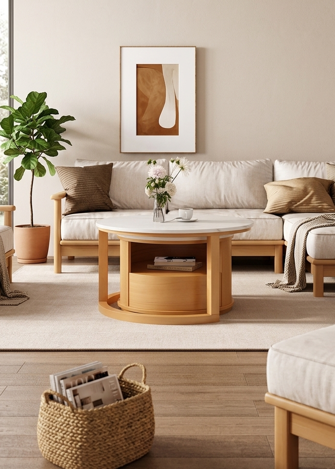 Table basse gigogne moderne avec tiroir, Table basse ronde avec rangement pour salon