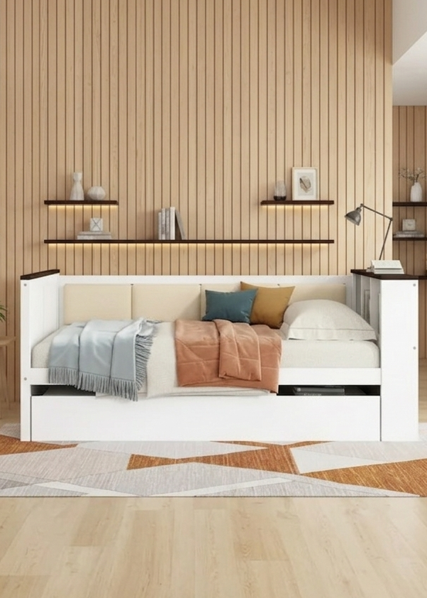 Lit de repos moderne avec station de charge, dossier rembourré et lit gigogne